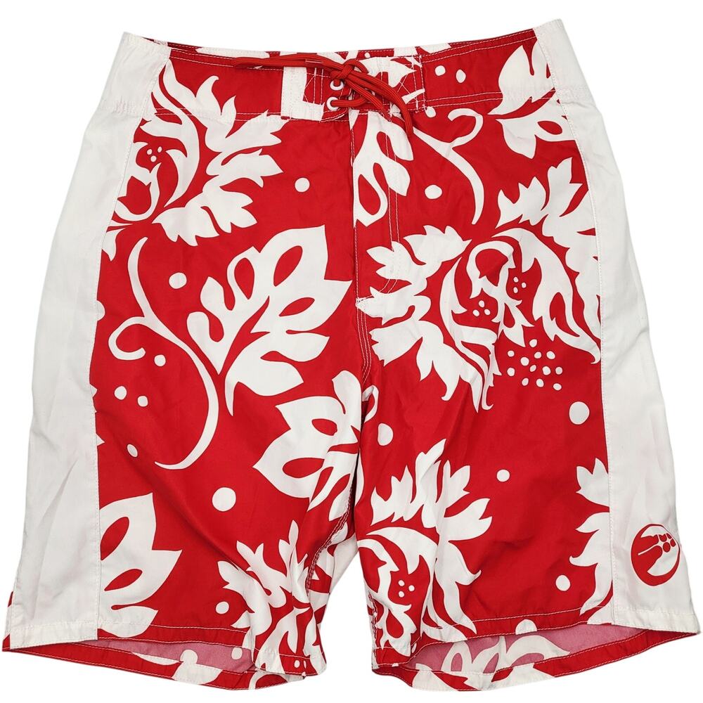 VTG Y2K Mossimo Red & White Tropical Print Swim Trunks Board Shorts Men's 32